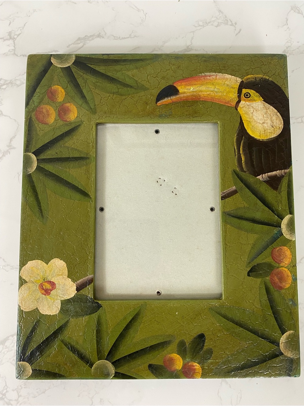 Hand-Painted Toucan Picture Frame in Olive Green VINTAGE